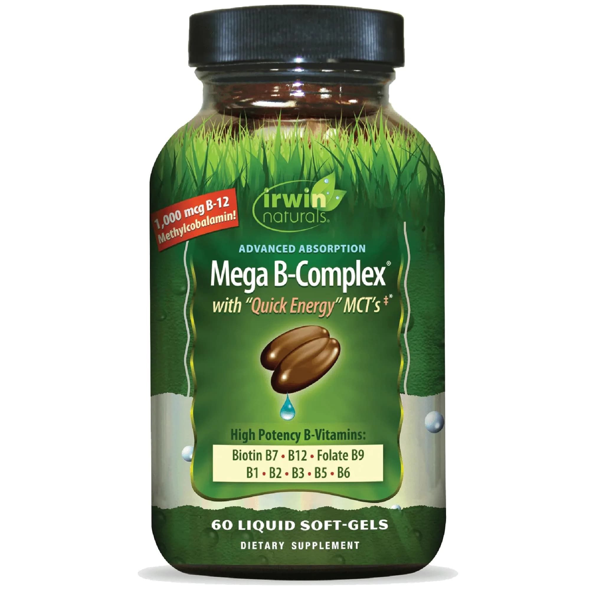 Irwin Naturals Mega B-Complex Vitamin B Complex | 60 Softgels for Daily Energy & Metabolism Support - main product image