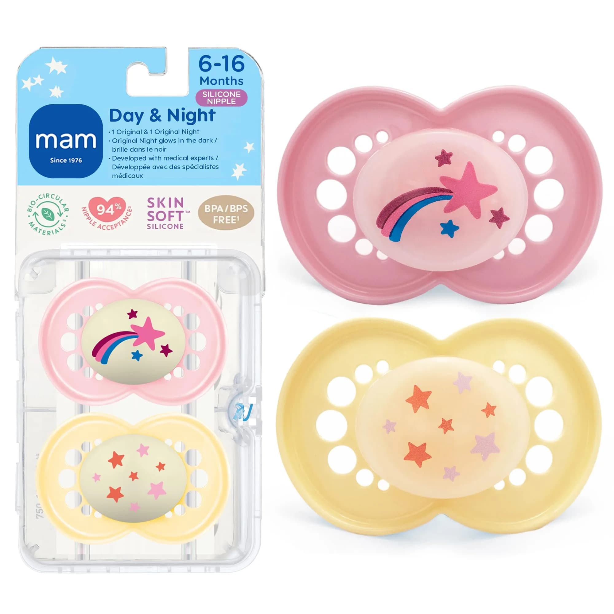 MAM Original Baby Pacifiers 6-16 Months, Glows in The Dark, 2 Pack | Developed with Pediatric Dentists & Specialists — Fairy Dust/Butter Yellow