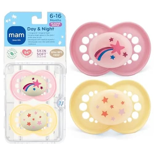 MAM Original Baby Pacifiers 6-16 Months, Glow in The Dark, 2 Pack | Developed with Pediatric Dentists, BPA-Free Silicone Nipple thumbnail 1