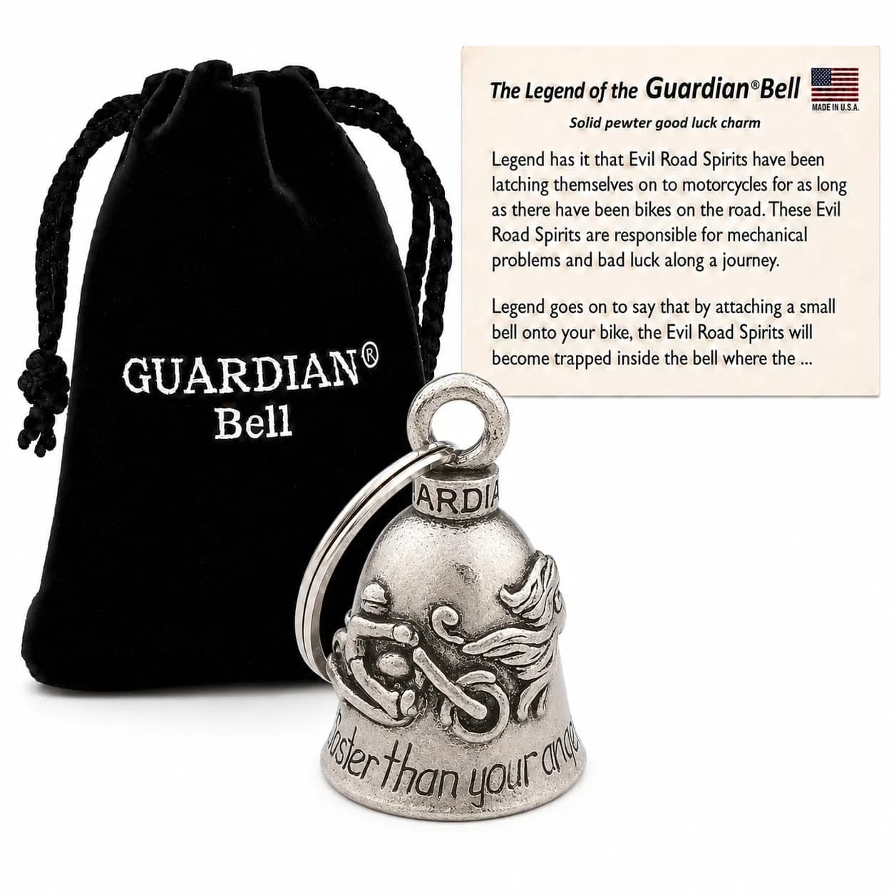 Guardian Bell Never Ride Faster Than Your Angel Can Fly Good Luck Bell w/Keyring & Black Velvet Gift Bag | Motorcycle Bell | Lead-Free Pewter | Good Luck Gift | Bike Bell | Made in USA - main product image
