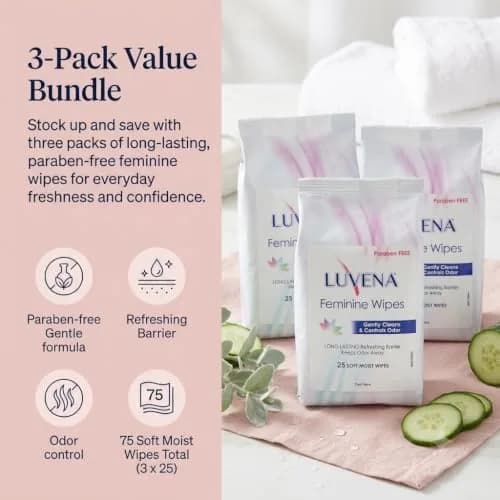 LUVENA Feminine Hygiene Wipes for Women, 75 Count (25 Count x 3 Pouches) | pH-Balanced, Dermatologist Tested thumbnail 2