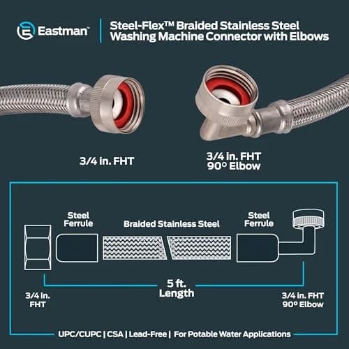 Eastman 5 ft Washing Machine Hoses with Elbows, 2-Pack, 15.24 cm (60 in) | CSA Certified & UPC Approved thumbnail 6