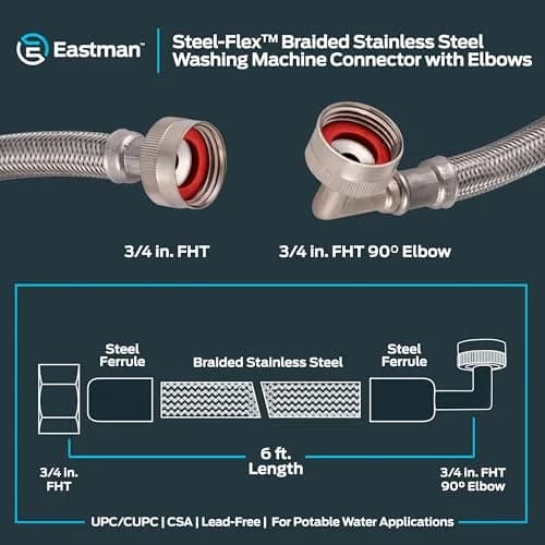 Eastman Braided Stainless Steel Washing Machine Hose Connectors with Elbows, 2-Pack, 1.9 cm (0.75 in) FHT x 1.9 cm (0.75 in) FHT, 1.83 m (6 ft) | CSA Certified & UPC Approved thumbnail 6