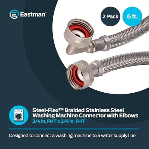 Eastman Braided Stainless Steel Washing Machine Hose Connectors with Elbows, 2-Pack, 1.9 cm (0.75 in) FHT x 1.9 cm (0.75 in) FHT, 1.83 m (6 ft) | CSA Certified & UPC Approved thumbnail 2