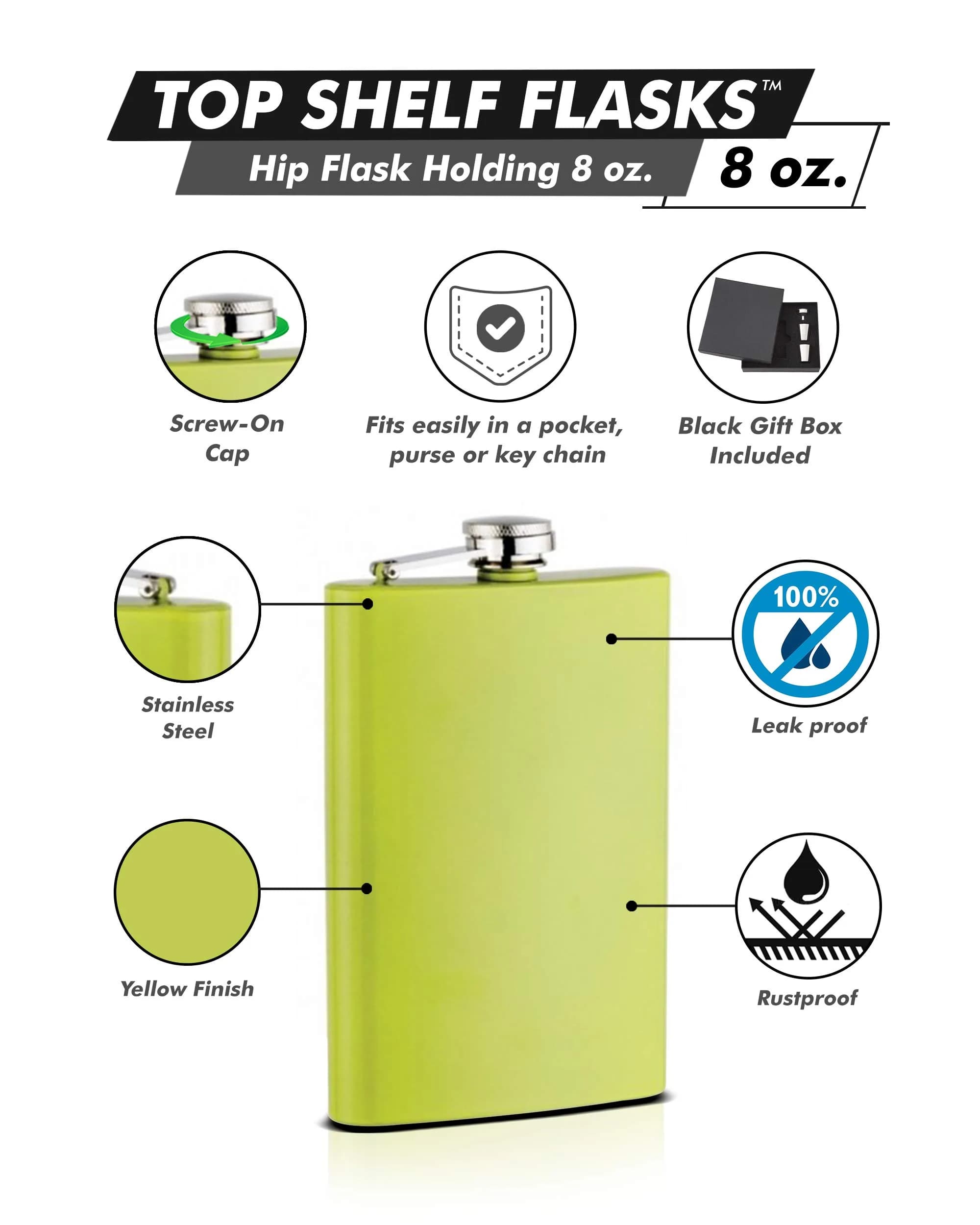 Top Shelf Flasks 8 oz Hip Flask with Leak Proof Cap | Burnt Orange Stainless Steel — Yellow