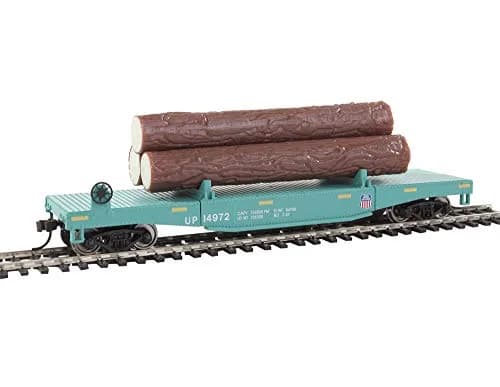 Walthers Trainline HO Scale Log Dump Car with 3 Logs - Union Pacific 14972 (MOW Scheme; Green, Yellow) | Authentic USA Import thumbnail 1