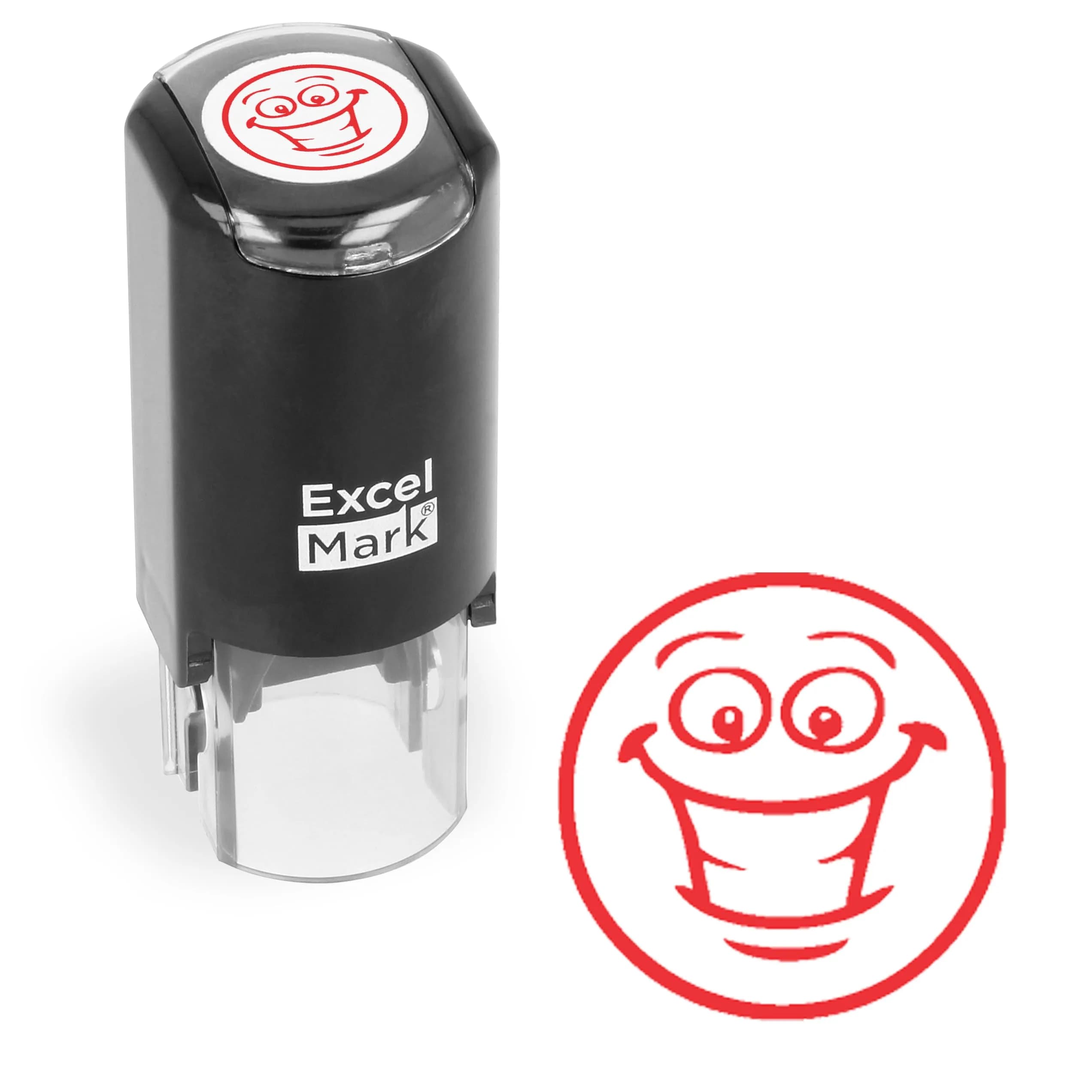 ExcelMark Self-Inking Round Teacher Stamp 5/8" Diameter | Reusable, Red Ink, 1000 Impressions — SMILEY FACE