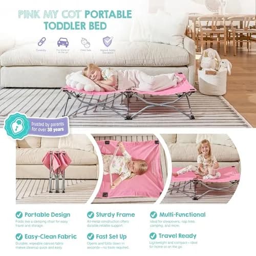 Regalo My Cot Portable Toddler Bed Pink 120cm (48in) x 61cm (26in) | Foldable Kids Travel Bed for Ages 2-5 thumbnail 3