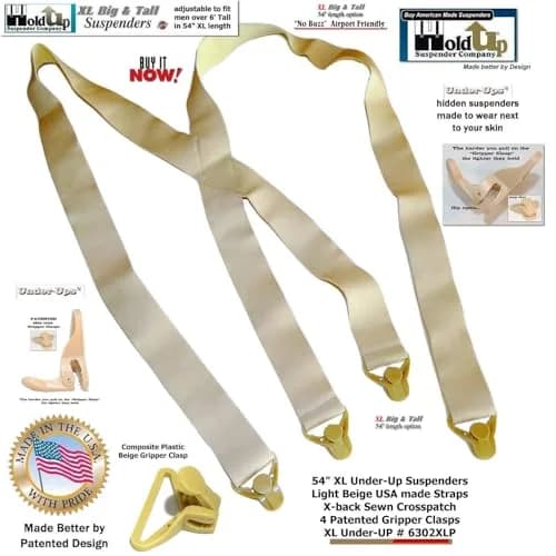Hold-Up Tan XL 1.5-Inch X-Back Under-Ups Suspenders with Gripper Clasps thumbnail 4