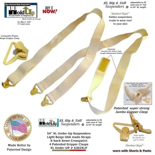 Hold-Up Tan XL 1.5-Inch X-Back Under-Ups Suspenders with Gripper Clasps thumbnail 5