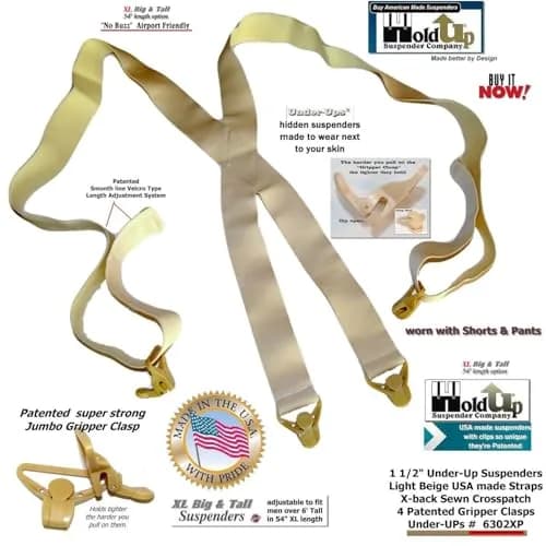 Hold-Up Tan XL 1.5-Inch X-Back Under-Ups Suspenders with Gripper Clasps thumbnail 6