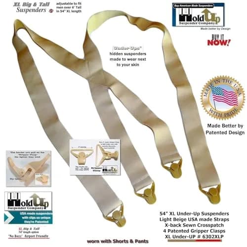 Hold-Up Tan XL 1.5-Inch X-Back Under-Ups Suspenders with Gripper Clasps thumbnail 7