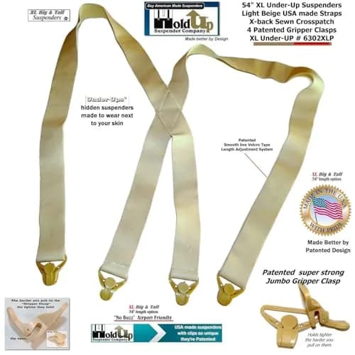 Hold-Up Tan XL 1.5-Inch X-Back Under-Ups Suspenders with Gripper Clasps thumbnail 8
