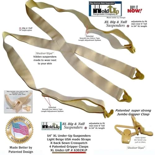Hold-Up Tan XL 1.5-Inch X-Back Under-Ups Suspenders with Gripper Clasps thumbnail 9