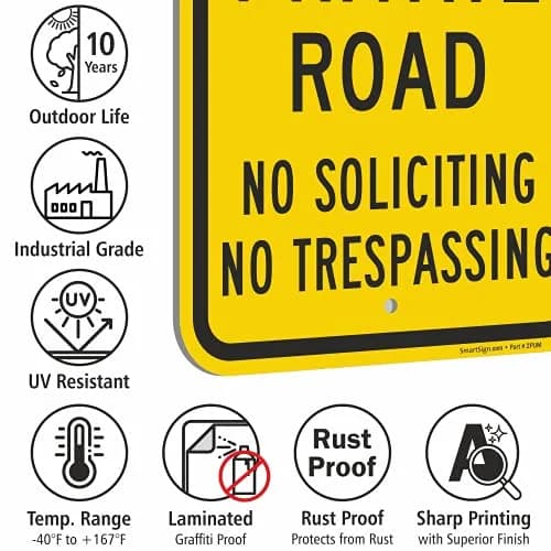 SmartSign 18 x 12 inch Dead End - Private Road, No Soliciting, No Trespassing Metal Sign, 63 mil Laminated Aluminum, Black and Yellow thumbnail 6
