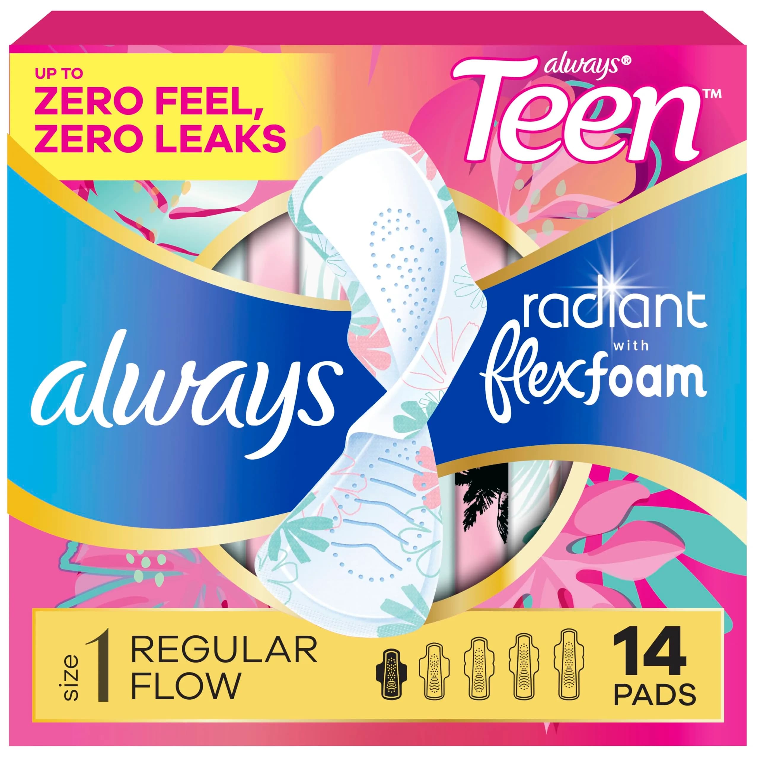 Always Radiant Teen Pads, Size 1 Regular, 28 Count | Dermatologist Tested & Unscented — No Color