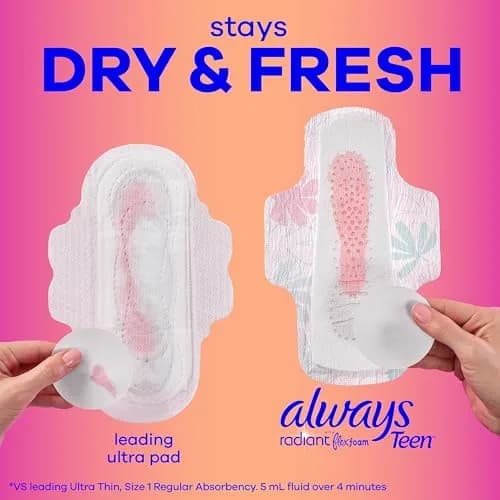 Always Radiant Teen Feminine Pads Regular Absorbency with Wings, 14 Count (14 Pads) | Dermatologist Tested by Skin Health Alliance thumbnail 8