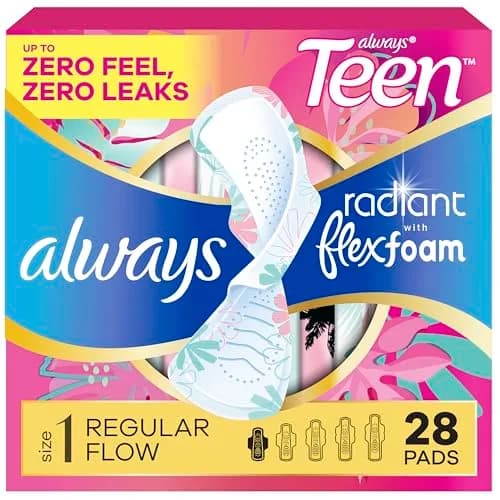 Always Radiant Teen Pads, Size 1 Regular, 28 Count | Dermatologist Tested & Unscented thumbnail 1