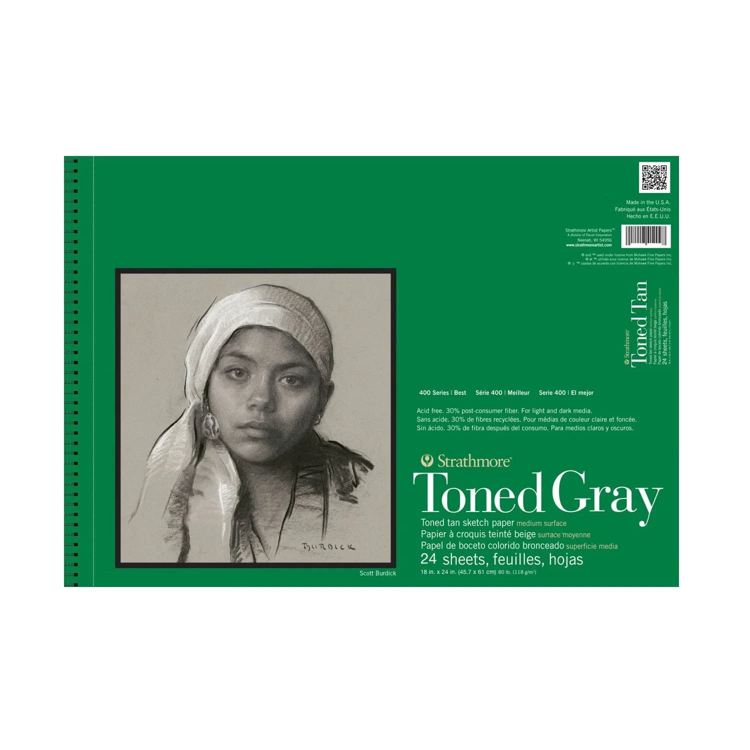 Strathmore 400 Series Toned Sketch Pad Gray 80 lb Paper 18 x 24 inches | Acid-Free Recycled Paper