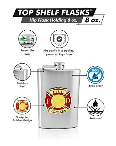 Flasks.com 8 oz Hip Flask with Firefighter Emblem - Stainless Steel, Pocket Size, Rustproof, Gift Box thumbnail 1