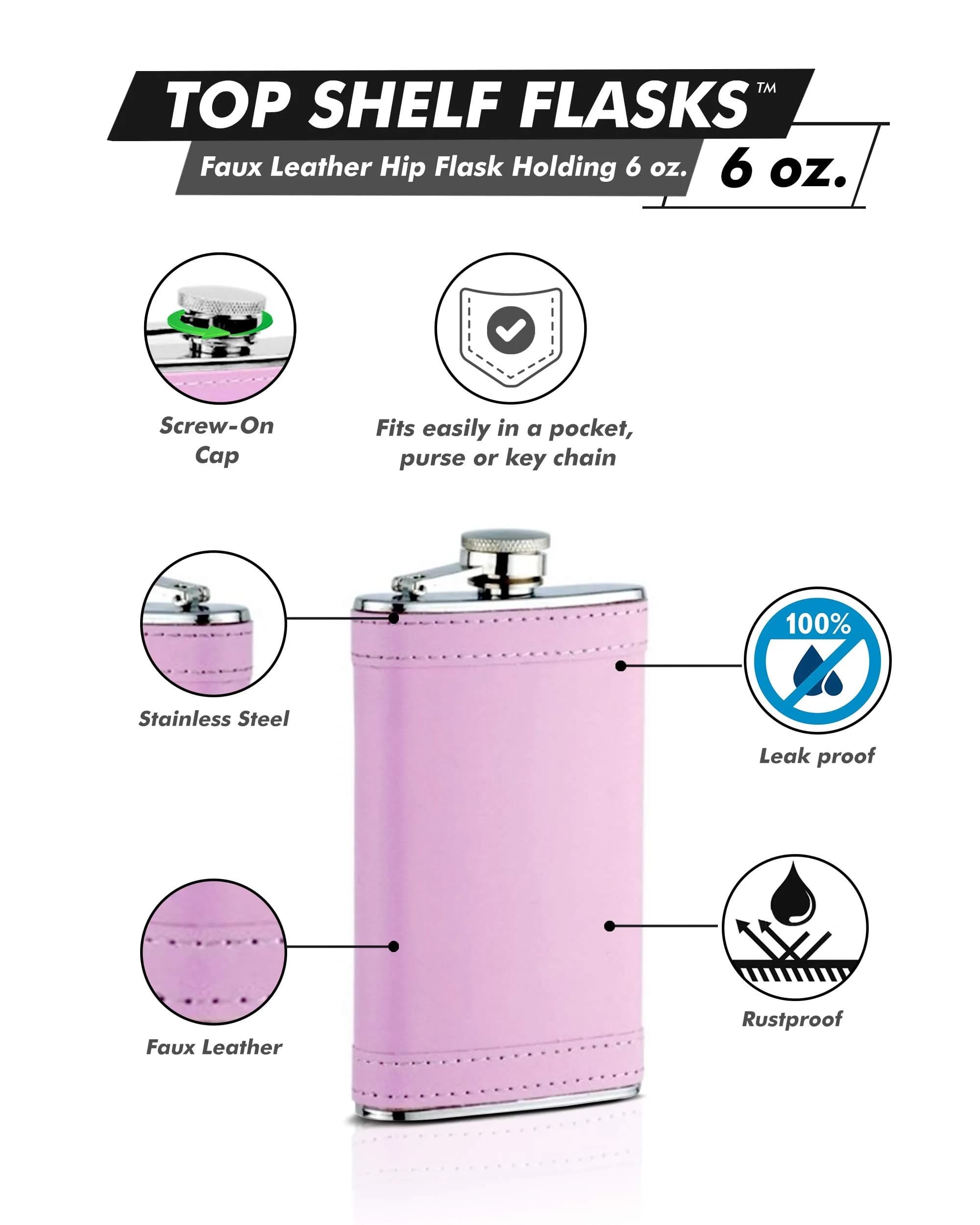 Flasks.com Pink 6 oz (177 ml) Hip Flask | Rustproof Stainless Steel Pocket Flask - main product image
