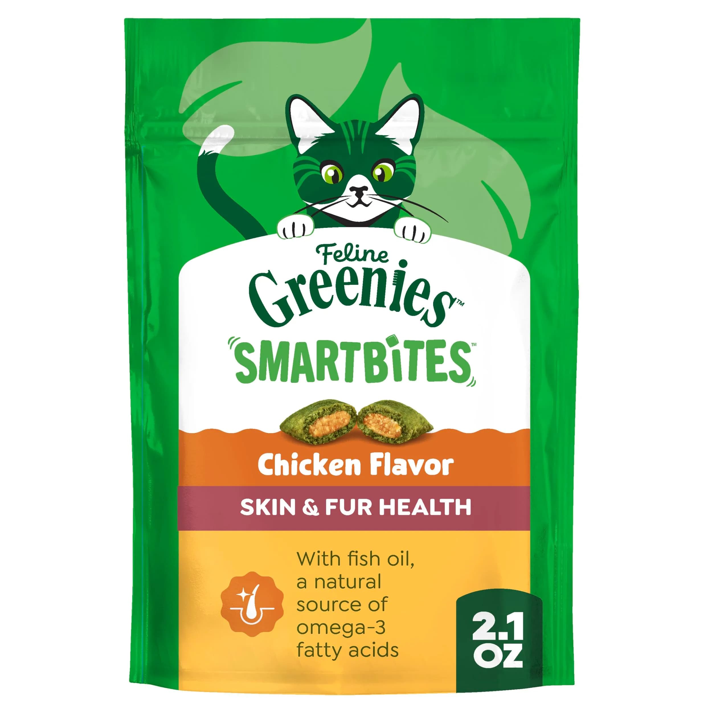 Greenies Cat Treats, Feline Smartbites, Skin & Fur Health, 16 oz. Tub | Crunchy & Soft Chicken Flavor for Healthy Skin & Fur — Chicken / 2.1 Ounce