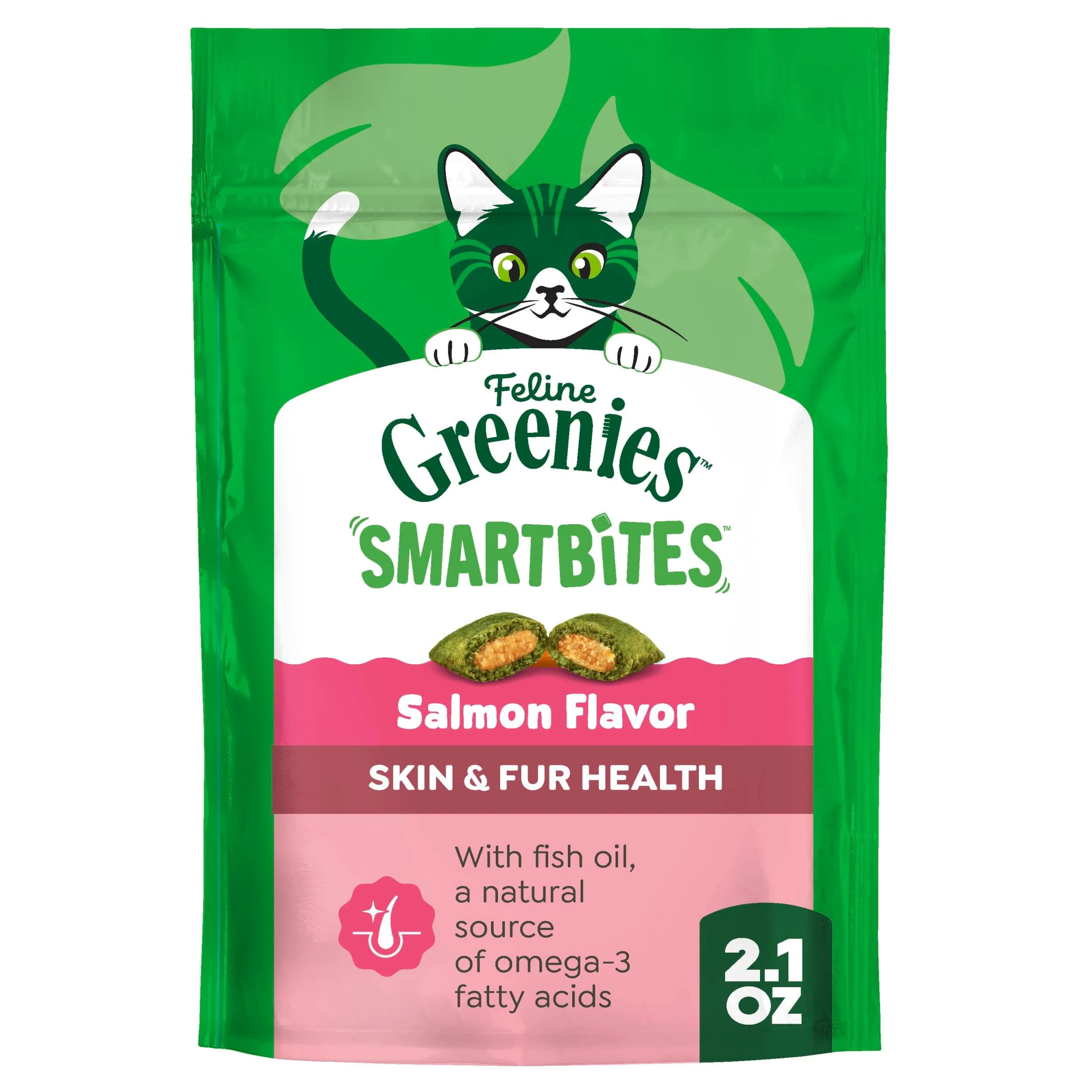 Greenies Cat Treats, Feline Smartbites, Skin & Fur Health, 16 oz. Tub | Crunchy & Soft Chicken Flavor for Healthy Skin & Fur — Salmon