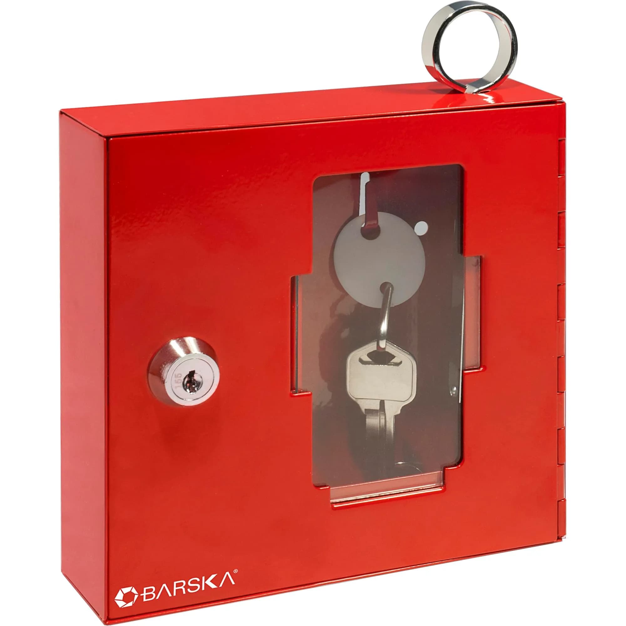 Barska Red Steel Emergency Key Box with Breakable Glass & Hammer | Wall Mount, 1.6" D x 6" W x 6" H - main product image