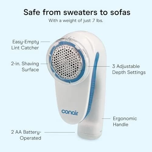 Conair Fabric Shaver and Lint Remover 2" Large Head | Portable, Battery-Operated, 3 Settings, White thumbnail 4