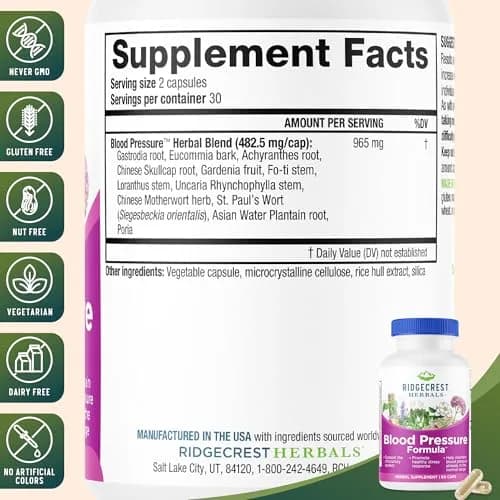 RidgeCrest Herbals Blood Pressure Herbal Formula Circulation Support 60 Ct | Natural Circulatory Tonic for Adults thumbnail 3