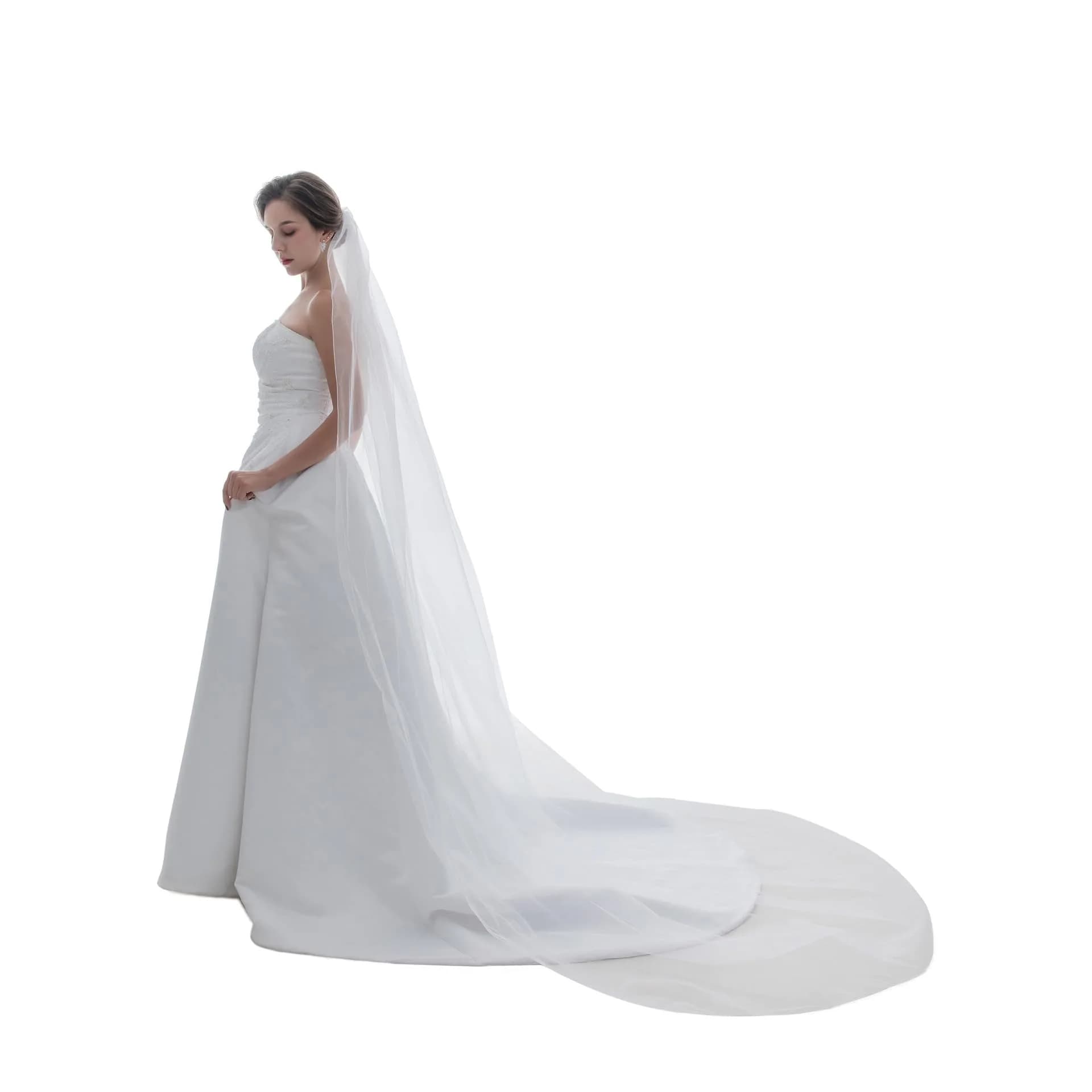 SAMKY Bridal Wedding Veil - White Elbow Length 30" | Pencil Edge, 1 Tier, Illusion Tulle — White / E: 1 Tier Cathedral Length 108"