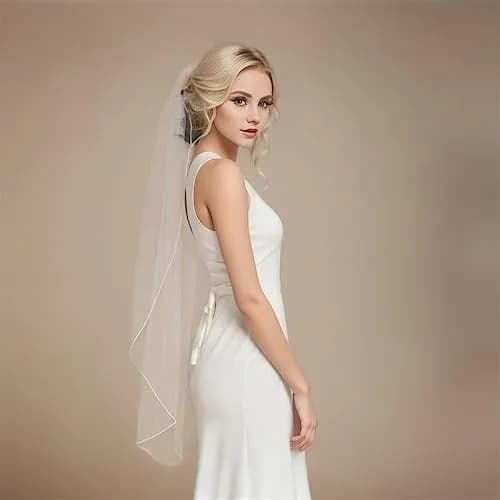 SAMKY Bridal Wedding Veil - White Elbow Length 30" | Pencil Edge, 1 Tier, Illusion Tulle thumbnail 4