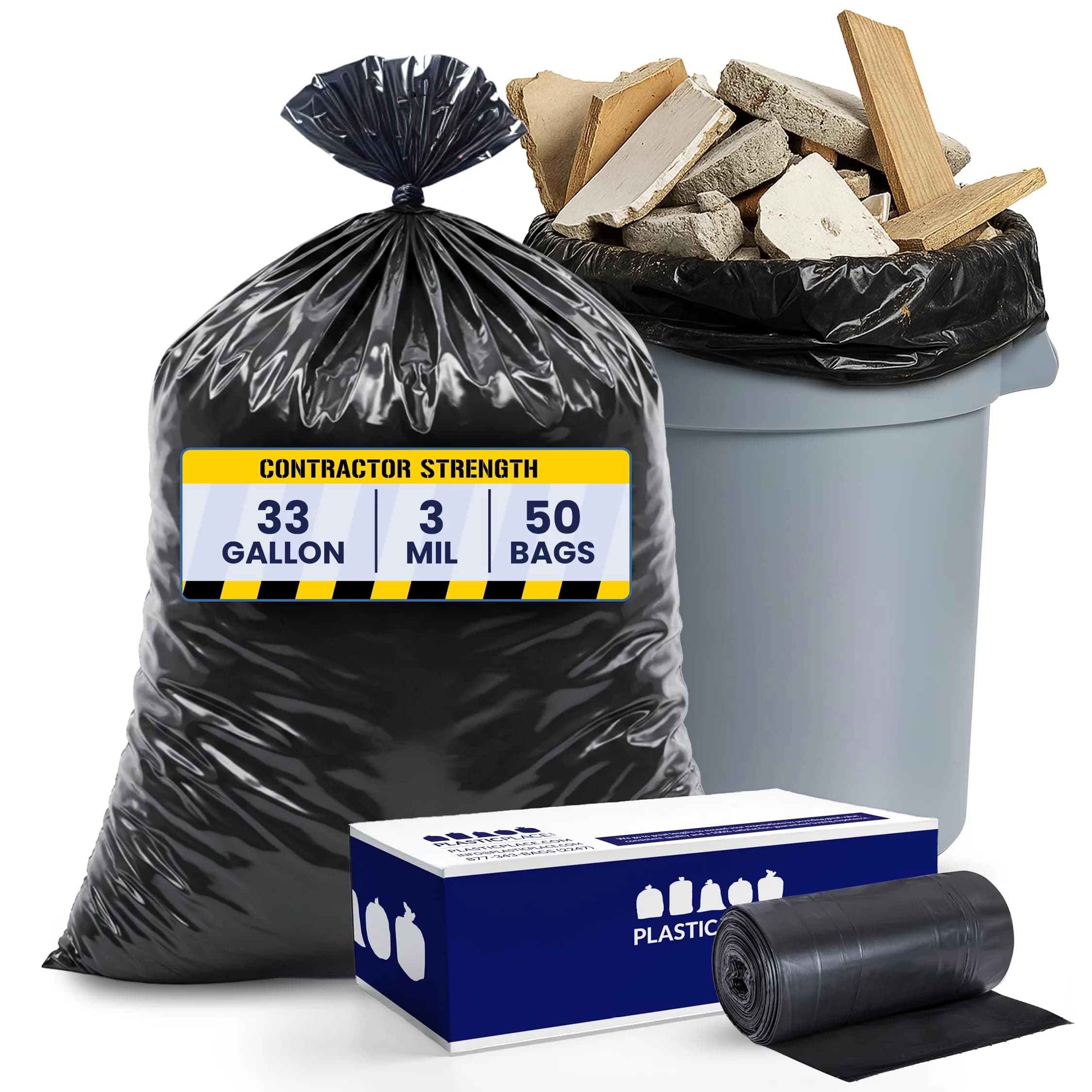 Plasticplace Contractor Trash Bags 33 Gallon | Heavy Duty 3.0 Mil, Black, 50 Count - main product image