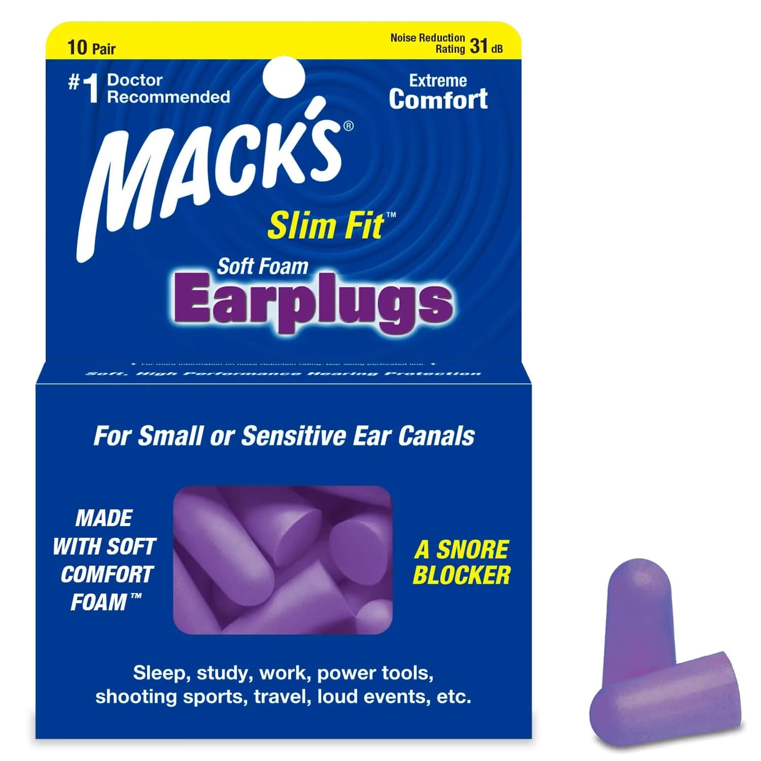Mack's Slim Fit Soft Foam Earplugs 10 Pair (20 Count) | NRR 31dB Noise Reduction - main product image