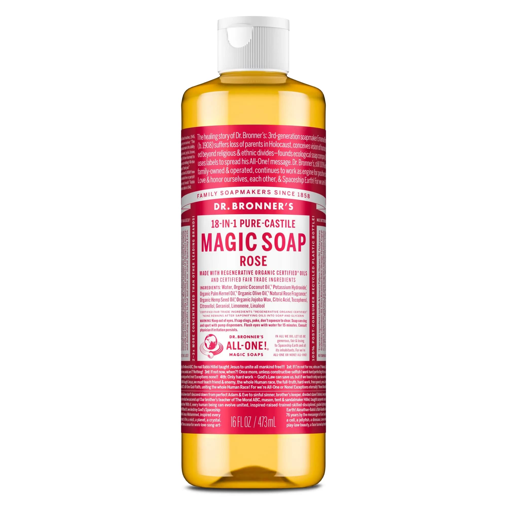 Dr. Bronner's Rose Pure-Castile Liquid Soap 473ml (16 Fl Oz) | Gentle All-Purpose Cleanser - main product image