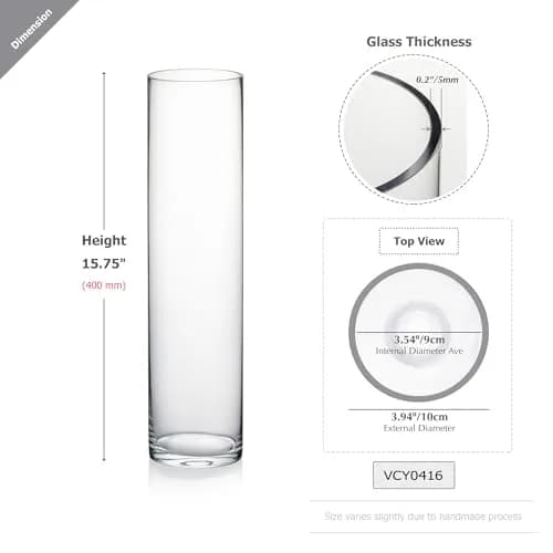 WGVI Thick Tall Clear Cylinder Glass Vase 4" W x 16" H | Elegant Floral Centerpiece thumbnail 2