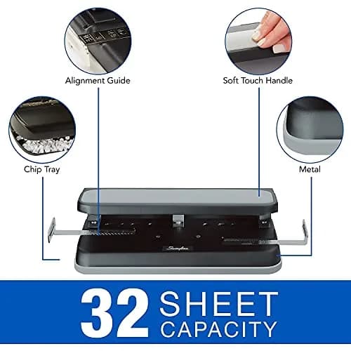 Swingline Heavy-Duty 3-Hole Punch, Adjustable, 9/32-Inch Holes, 32 Sheets Cap, Black | Durable Metal Construction with Patented Centamatic Centering thumbnail 3