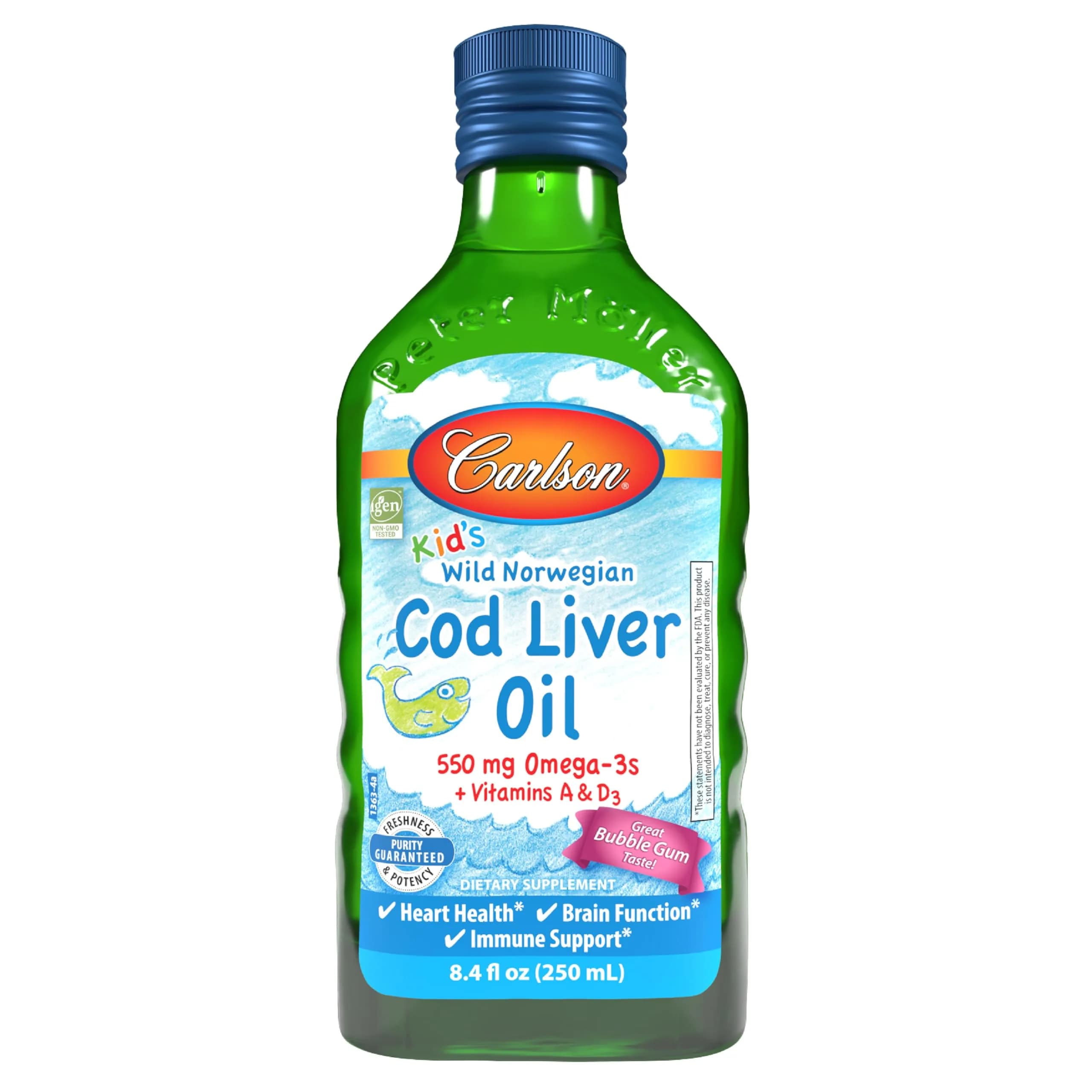 Carlson Cod Liver Oil Lemon 500 mL (16.9 Fl Oz) | 1100 mg Omega-3s, Heart & Brain Health — Bubble Gum / 8.4 Fl Oz