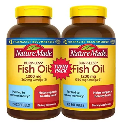 Nature Made Fish Oil Burp-Less Softgels 1200mg (300 Count, 150ct Pack of 2) | Heart Health Support with Omega 3