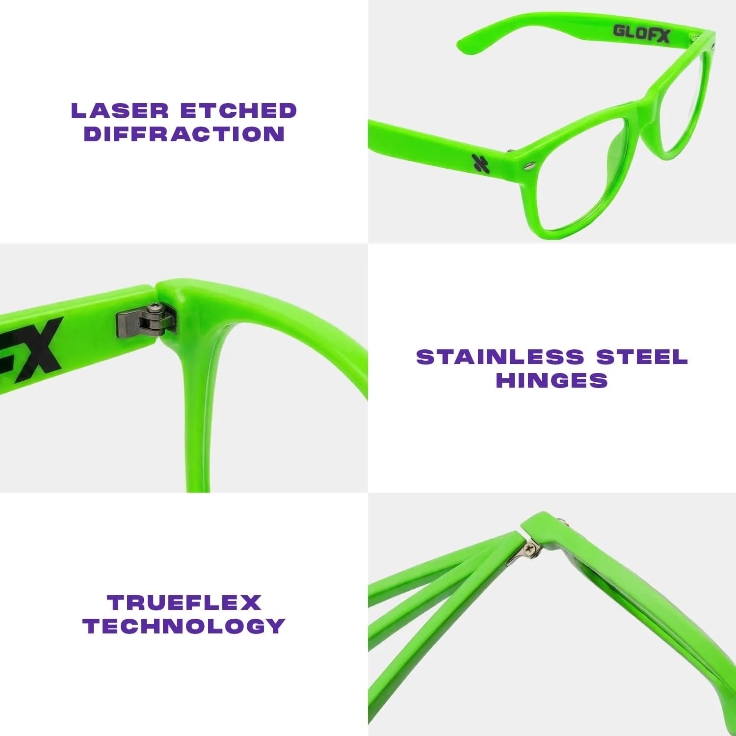 GloFX Ultimate Diffraction Glasses - Green - 3D Prism Rainbow Effect - Great Edm, Festival, Concert, Fireworks, Christmas Lights, and Rave Accessory - Green Frames thumbnail 4