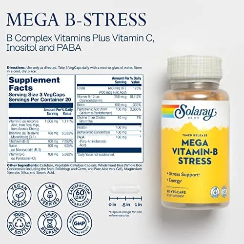 SOLARAY Mega Vitamin B-Stress 60 VegCaps | Timed-Release B Complex with 1000 mg Vitamin C for Stress & Energy thumbnail 3