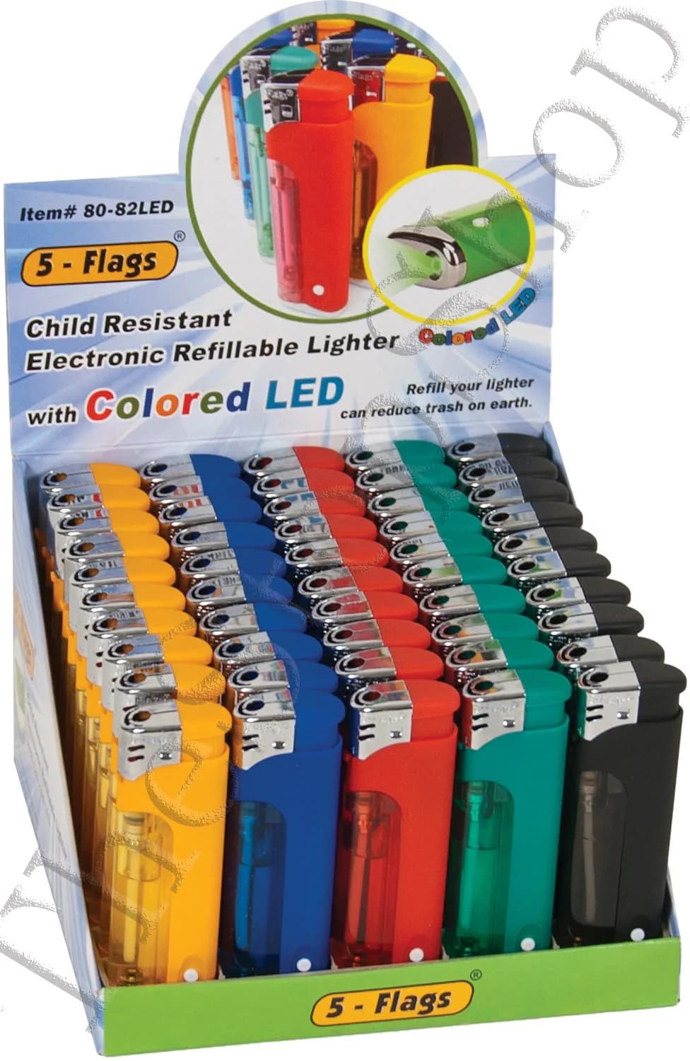 5-Flags Refillable LED Child Resistant Lighter Assorted Colors | Modern Design, Assorted Colors, 50 Count - main product image