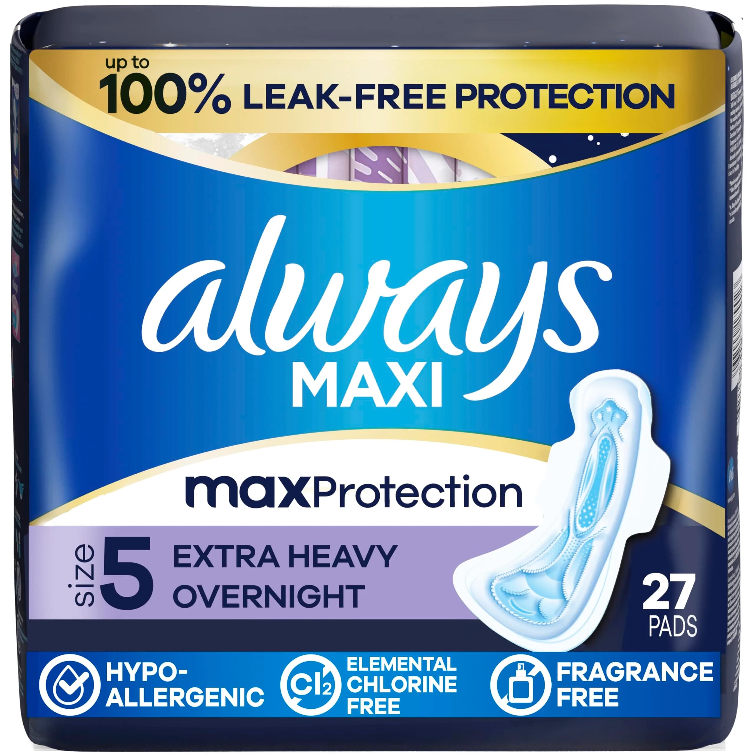 Always Maxi Overnight Feminine Pads with Wings, Size 5, Extra Heavy Absorbency, Unscented, 27 Count | Reliable Overnight Protection That Actually Works