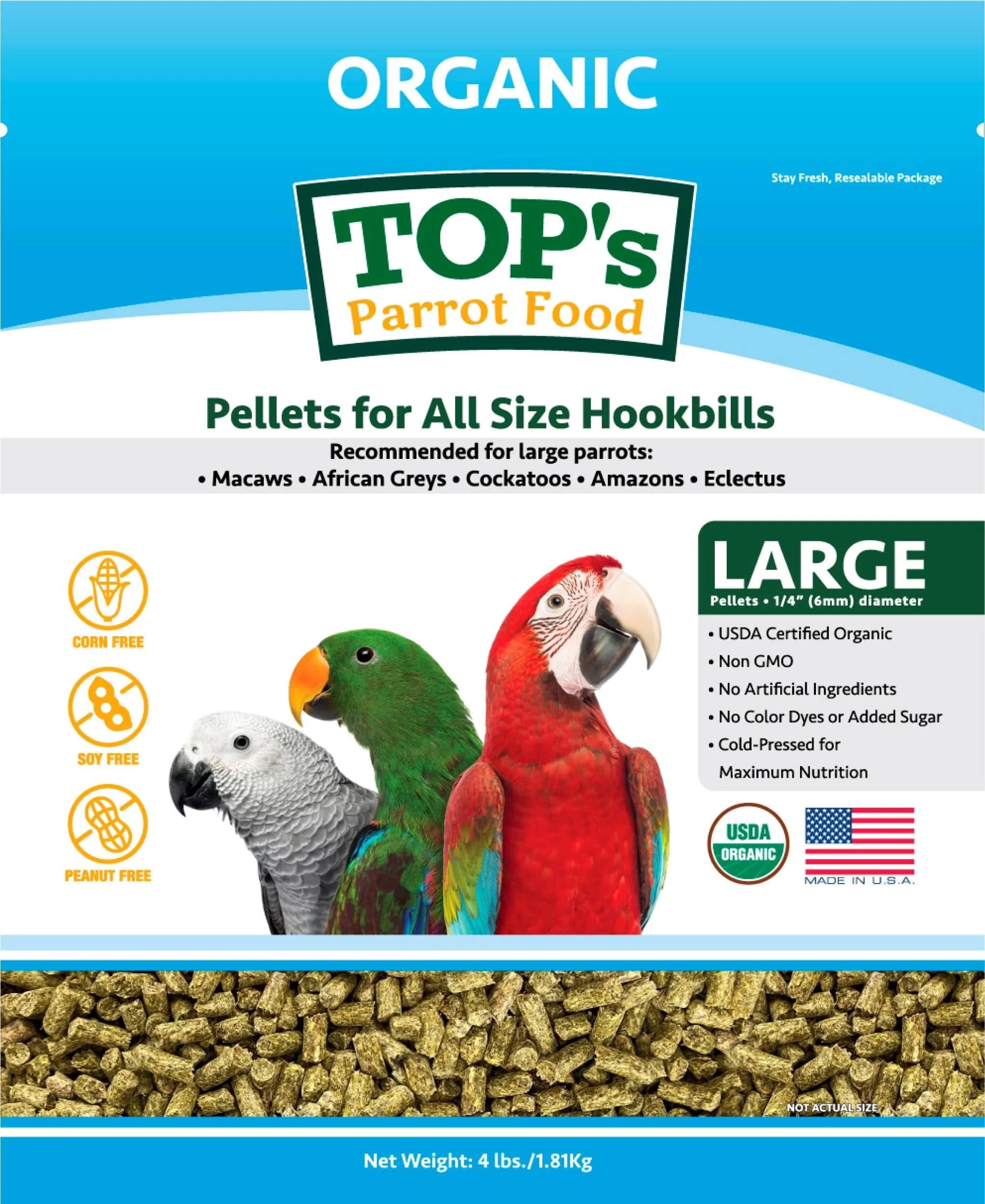 TOP's Parrot Food USDA Organic Certified Non-GMO Bird Food for Hookbills 1.82 kg (4 lb) | Complete Diet for Large Parrots - main product image
