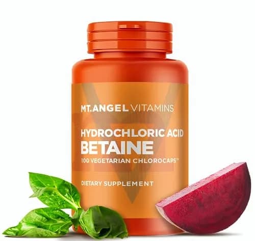 Mt. Angel Vitamins Hydrochloric Acid Betaine 100 Vegetarian Chlorocaps Supports Healthy Digestion & Gastric Juices thumbnail 1