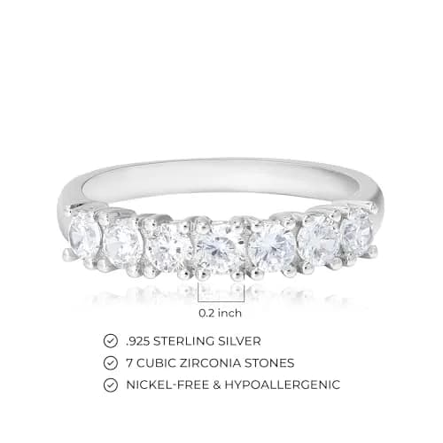 MORGAN & PAIGE Silver Platinum Plated CZ 7 Stone Wedding Ring Size 6 | Elegant Stackable Silver Band thumbnail 3