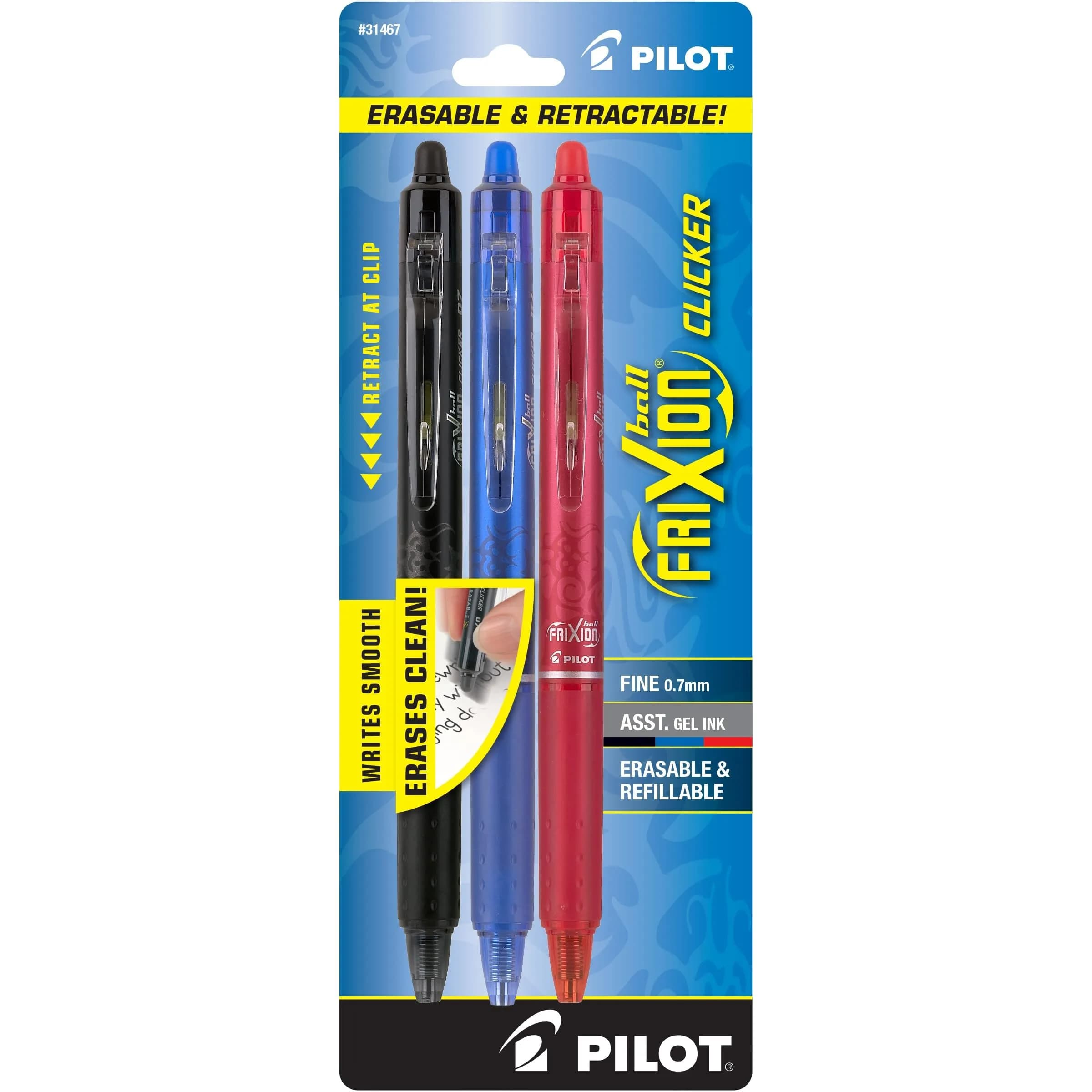 PILOT FriXion Clicker Erasable Pens, Black/Blue/Red Inks, 3-Pack | Smooth Ink Flow Writing Instrument