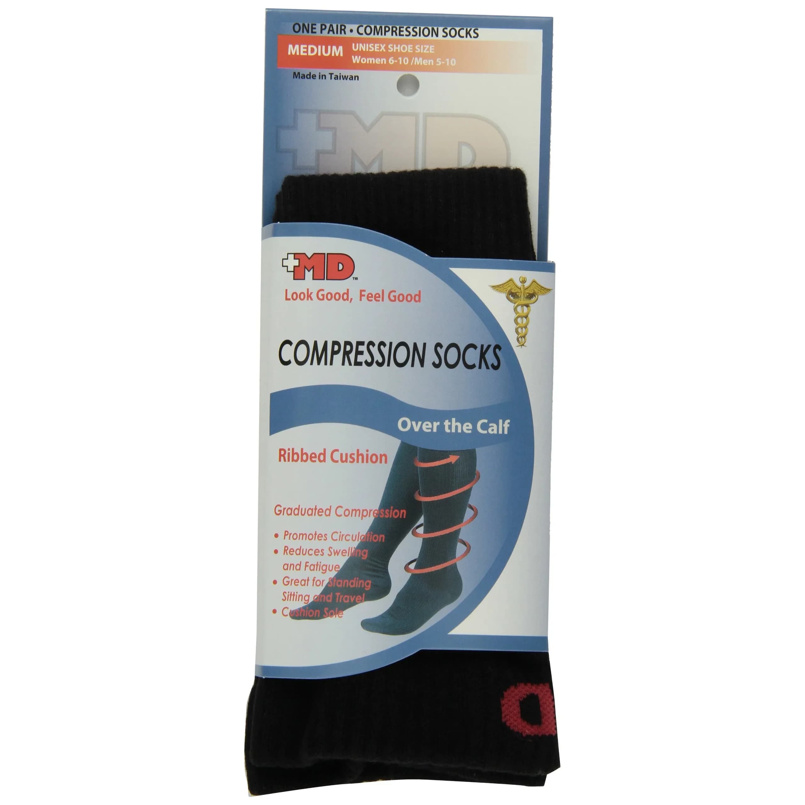 MD USA Ribbed Cotton Compression Socks with Cushion, Black, Medium | Graduated Compression Support for Circulation — black