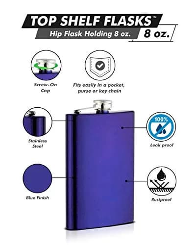 Top Shelf Flasks Blue 8 oz (237 ml) Hip Flask | Leak Proof Stainless Steel for Men thumbnail 1