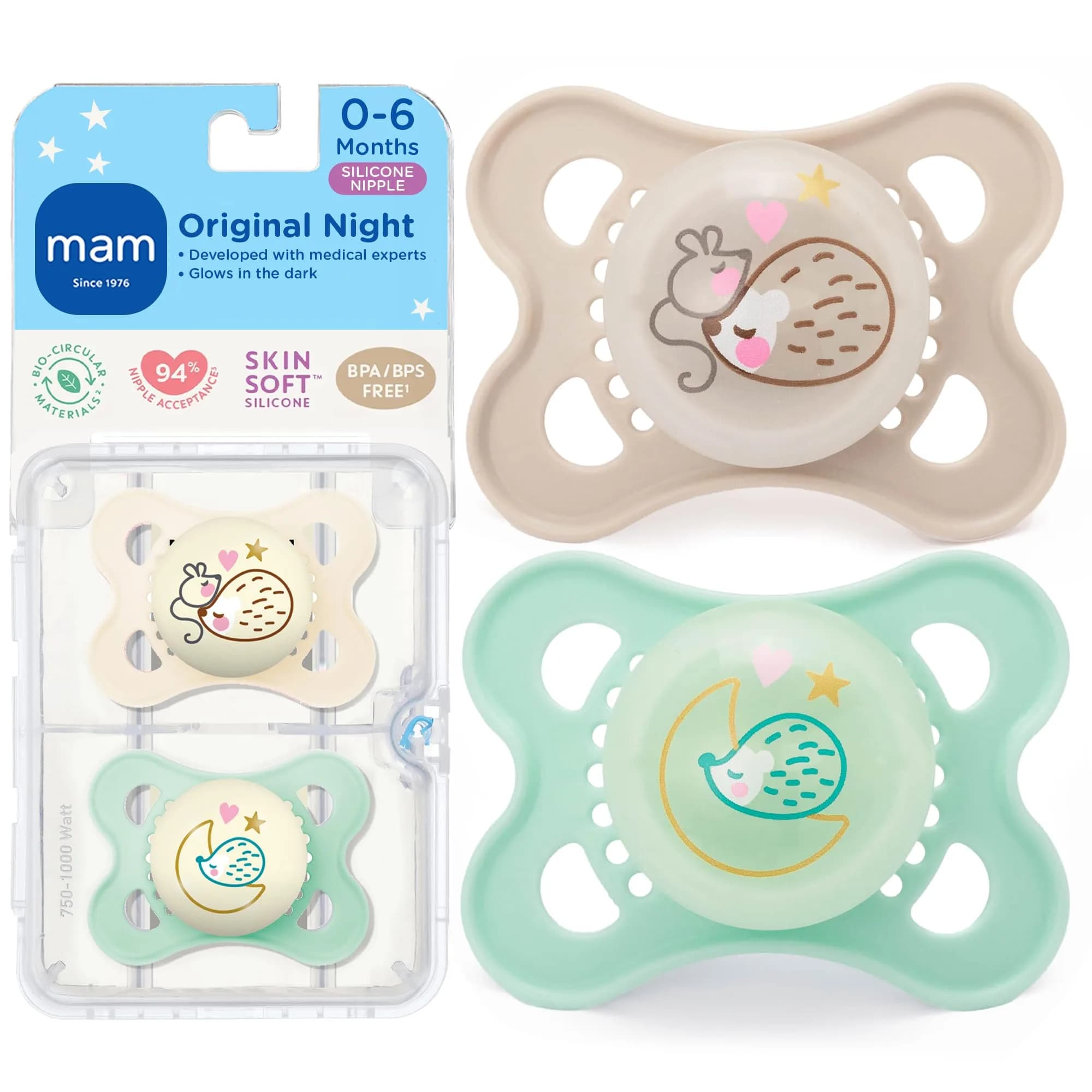 MAM Original Baby Pacifiers 0-6 Months, Glow-in-the-Dark, 4-Pack | Developed with Pediatric Dentists — Pale Mint/Cotton